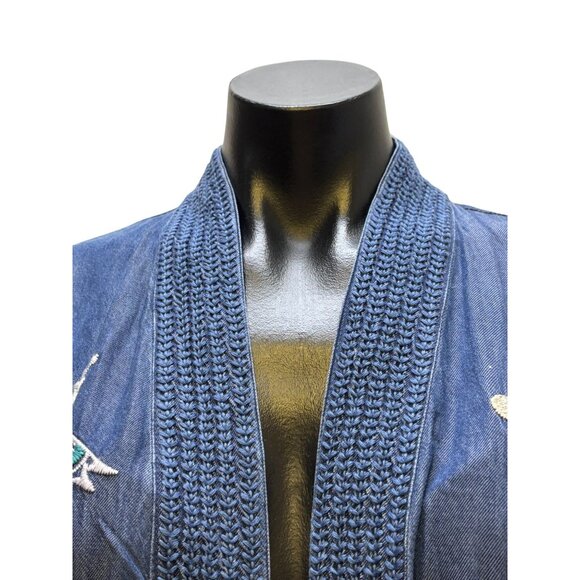 NWT Johnny Was Embroidered Denim-Style Open Cardigan M/L Blue Floral - Picture 5 of 7
